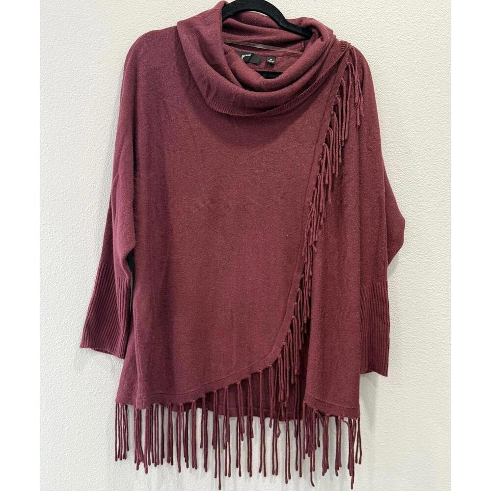 GNW Boutique, Burgundy Cowl Neck Fringe Poncho Sweater, Women's Medium
